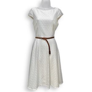 Anne Klein Ivory Lace Dress With Braided Brown Belt Off White Boho Size 4